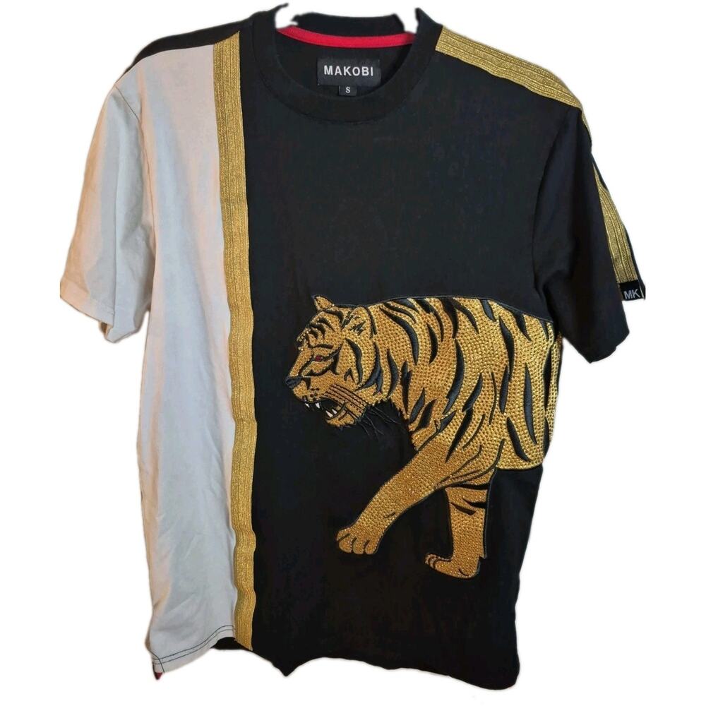 Makobi Men's Small Black Tiger Rhinestones & Beads Short Sleeve Shirt Streetwea